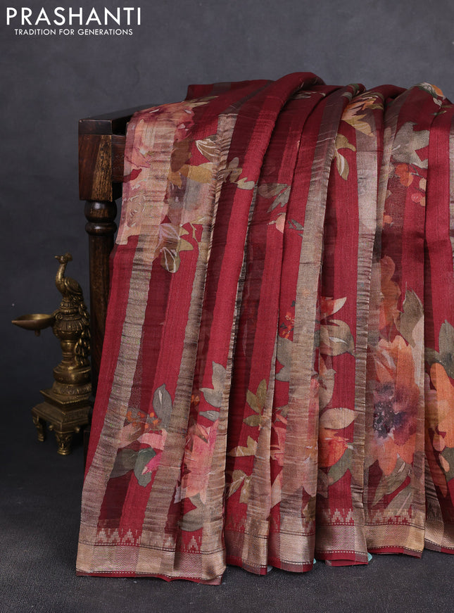 Organza tissue tussar silk saree maroon with allover zari stripe pattern & floral prints and zari woven border