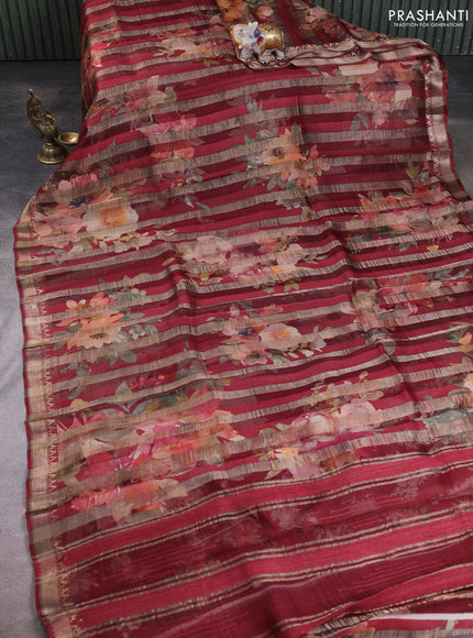 Organza tissue tussar silk saree maroon with allover zari stripe pattern & floral prints and zari woven border