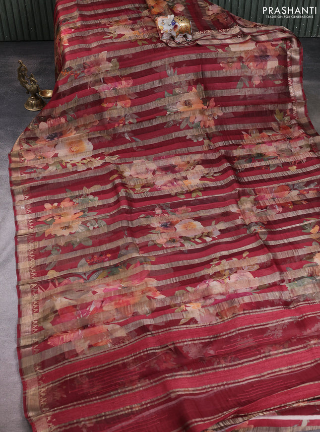 Organza tissue tussar silk saree maroon with allover zari stripe pattern & floral prints and zari woven border
