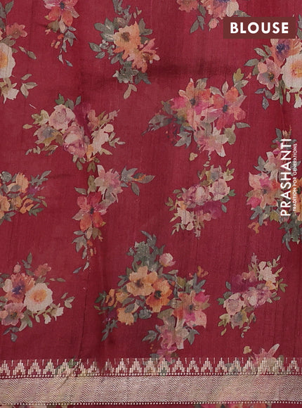 Organza tissue tussar silk saree maroon with allover zari stripe pattern & floral prints and zari woven border