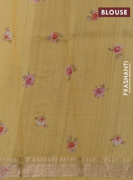 Organza tissue tussar silk saree cream shade with allover zari stripe pattern & floral prints and zari woven border