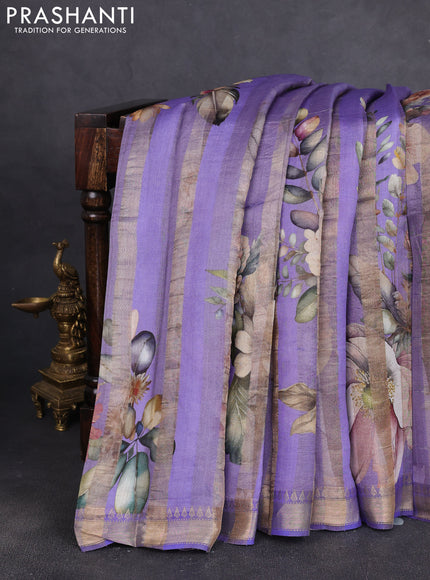 Organza tissue tussar silk saree lavender with allover zari stripe pattern & floral prints and zari woven border