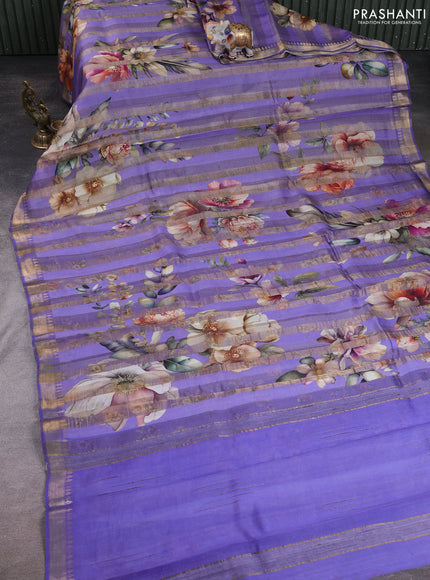 Organza tissue tussar silk saree lavender with allover zari stripe pattern & floral prints and zari woven border