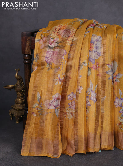 Organza tissue tussar silk saree mustard yellow with allover zari stripe pattern & floral prints and zari woven border