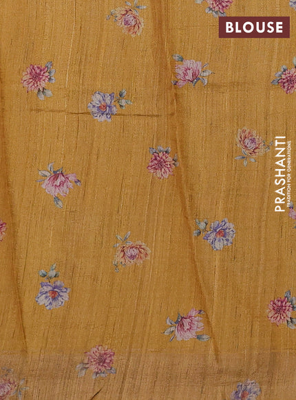 Organza tissue tussar silk saree mustard yellow with allover zari stripe pattern & floral prints and zari woven border