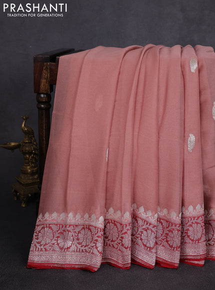 Banarasi chiffon saree dark peach and red with allover silver zari woven buttas and silver zari woven floral border