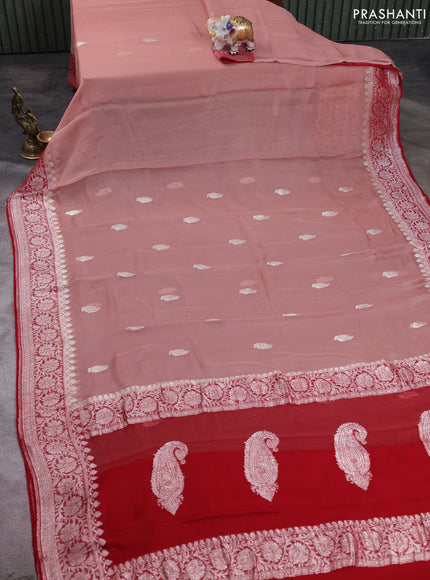 Banarasi chiffon saree dark peach and red with allover silver zari woven buttas and silver zari woven floral border