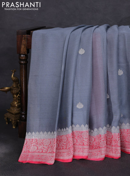 Banarasi chiffon saree grey shade and peach pink with allover silver zari woven buttas and silver zari woven floral border