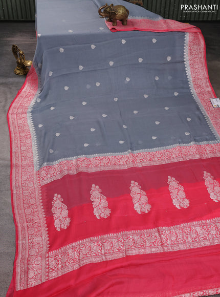 Banarasi chiffon saree grey shade and peach pink with allover silver zari woven buttas and silver zari woven floral border