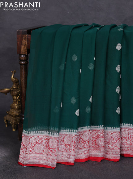 Banarasi chiffon saree bottle green and red with allover silver zari woven buttas and silver zari woven floral border