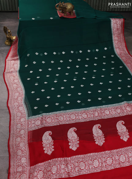 Banarasi chiffon saree bottle green and red with allover silver zari woven buttas and silver zari woven floral border