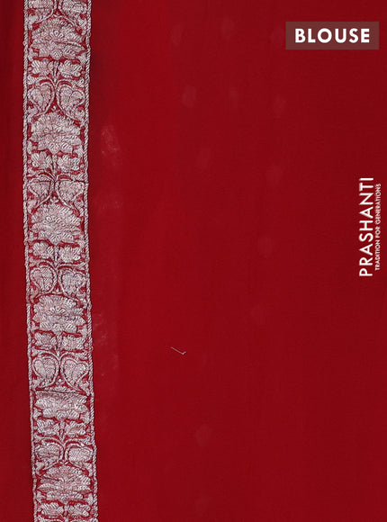 Banarasi chiffon saree bottle green and red with allover silver zari woven buttas and silver zari woven floral border