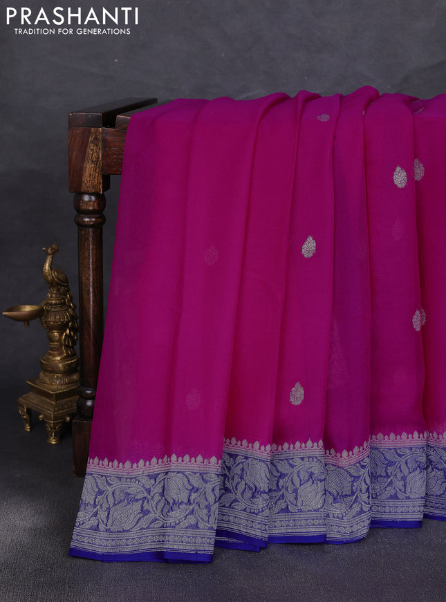 Banarasi chiffon saree pink and royal blue with allover silver zari woven buttas and silver zari woven floral border