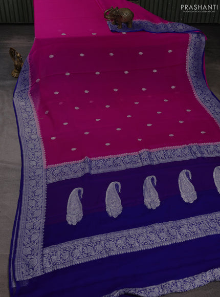 Banarasi chiffon saree pink and royal blue with allover silver zari woven buttas and silver zari woven floral border