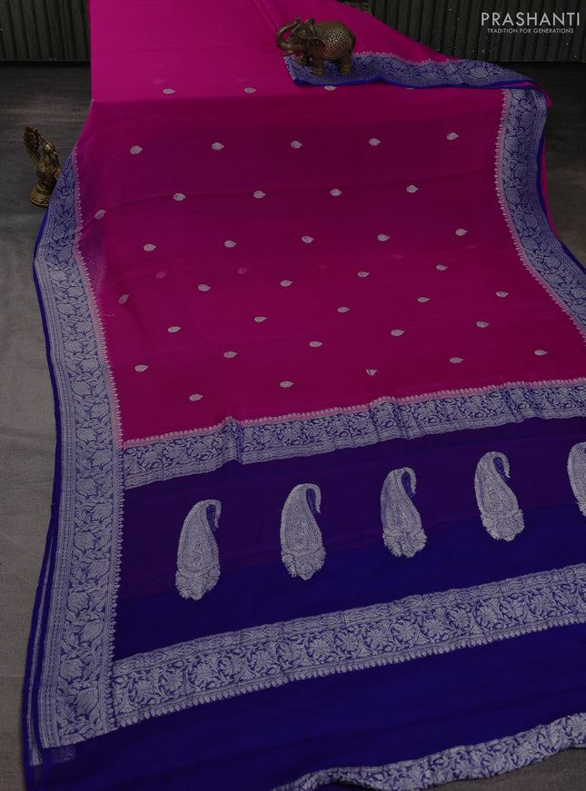 Banarasi chiffon saree pink and royal blue with allover silver zari woven buttas and silver zari woven floral border