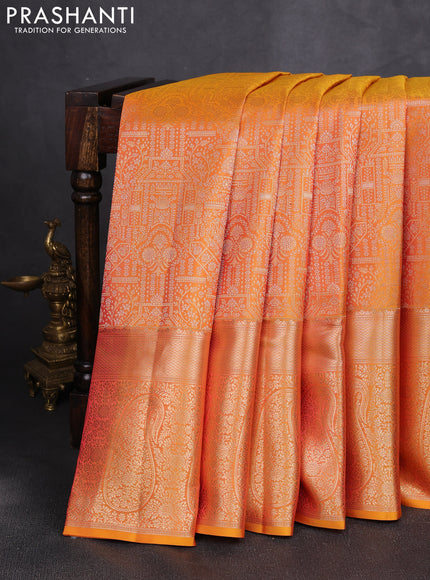 Pure kanchipuram silk saree mango yellow with allover zari woven brocade weaves and long rich zari woven border