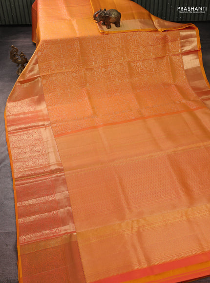 Pure kanchipuram silk saree mango yellow with allover zari woven brocade weaves and long rich zari woven border