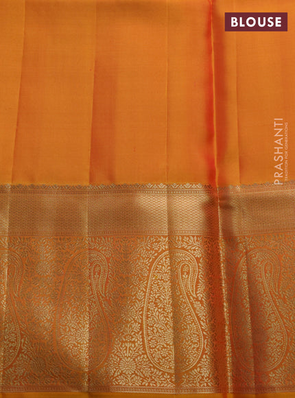 Pure kanchipuram silk saree mango yellow with allover zari woven brocade weaves and long rich zari woven border