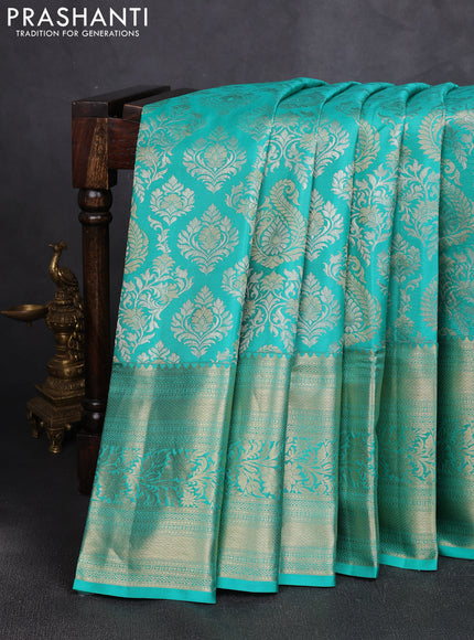 Pure kanchipuram silk saree teal green with allover zari woven brocade weaves and long rich zari woven border