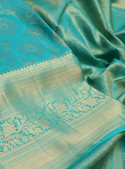 Pure kanchipuram silk saree teal green with allover zari woven brocade weaves and long rich zari woven border