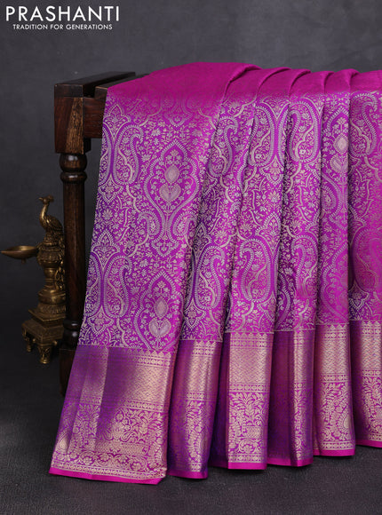 Pure kanchipuram silk saree magenta pink with allover zari woven brocade weaves and long rich zari woven border