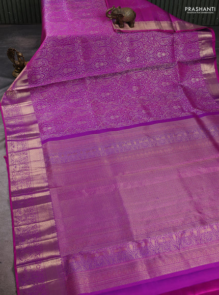 Pure kanchipuram silk saree magenta pink with allover zari woven brocade weaves and long rich zari woven border