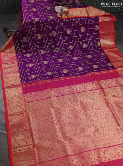 Venkatagiri silk saree dark purple and dual shade of pinkish orange with allover zari checks & buttas and rich zari woven border