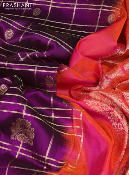Venkatagiri silk saree dark purple and dual shade of pinkish orange with allover zari checks & buttas and rich zari woven border