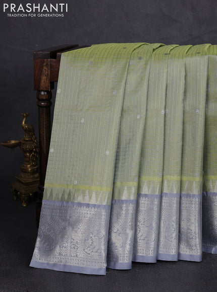 Venkatagiri silk saree pista green and grey with allover silver zari checks & buttas and temple silver zari woven border