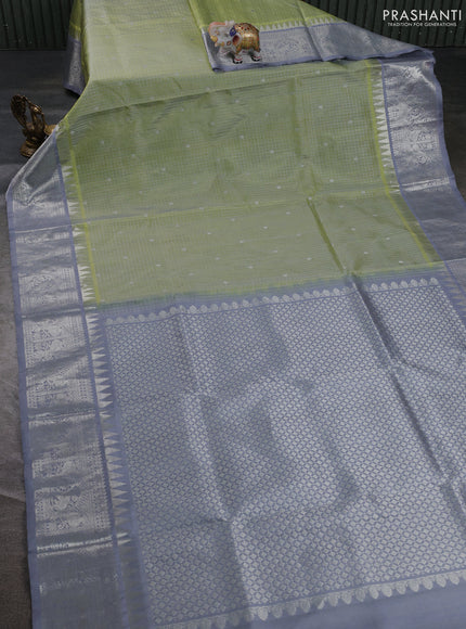 Venkatagiri silk saree pista green and grey with allover silver zari checks & buttas and temple silver zari woven border