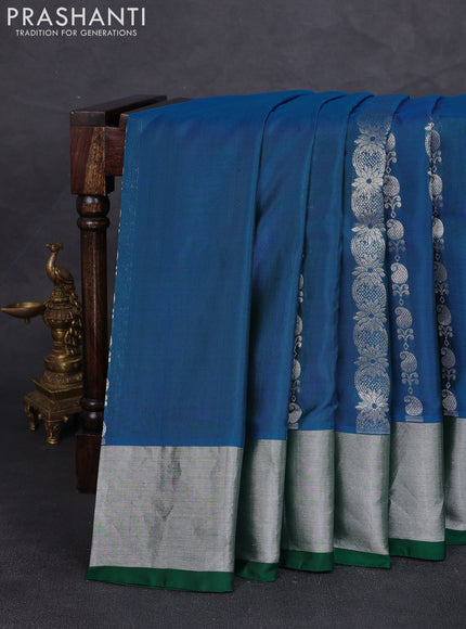 Venkatagiri silk saree cs blue and green with allover silver zari woven buttas and silver zari woven border