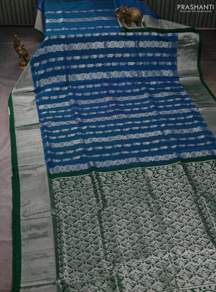 Venkatagiri silk saree cs blue and green with allover silver zari woven buttas and silver zari woven border