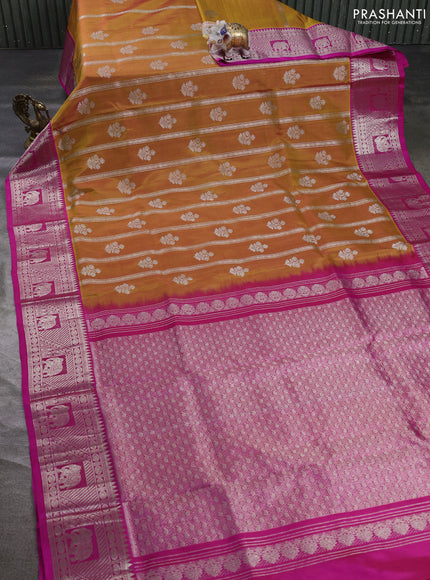 Venkatagiri silk saree mustard yellow and pink with allover silver zari stripe pattern and silver zari woven border