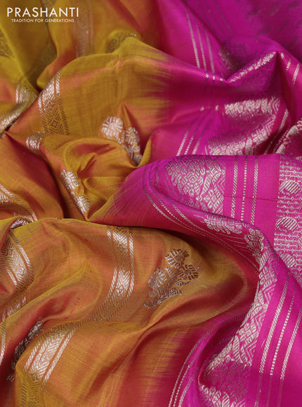 Venkatagiri silk saree mustard yellow and pink with allover silver zari stripe pattern and silver zari woven border