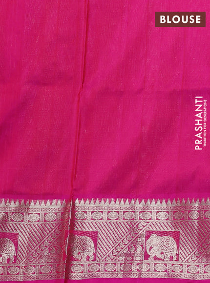 Venkatagiri silk saree mustard yellow and pink with allover silver zari stripe pattern and silver zari woven border