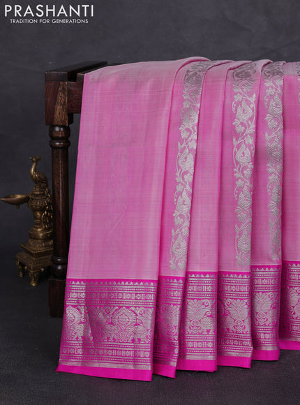 Venkatagiri silk saree light pink and pink with allover silver zari stripe pattern and silver zari woven border