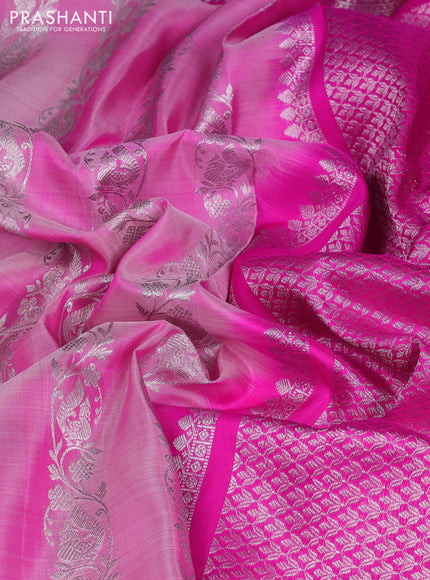Venkatagiri silk saree light pink and pink with allover silver zari stripe pattern and silver zari woven border