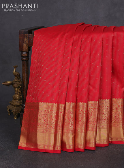 Pure kanchipuram silk saree red with allover stripe zari woven 1000 buttas and long zari woven border