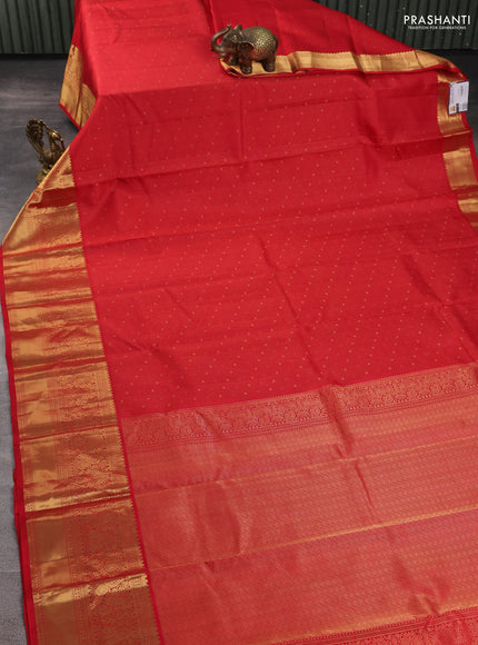 Pure kanchipuram silk saree red with allover stripe zari woven 1000 buttas and long zari woven border