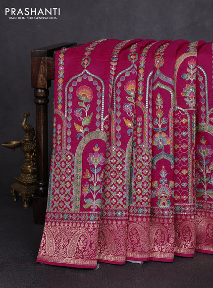 Crepe silk saree pink with allover prints & pita embroidery work and zari woven border
