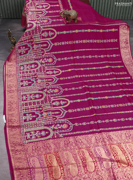 Crepe silk saree pink with allover prints & pita embroidery work and zari woven border