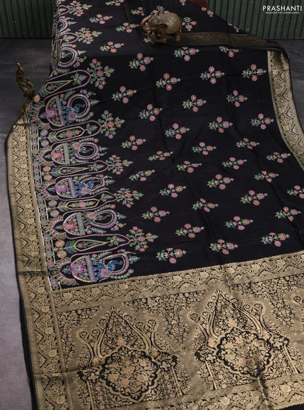 Crepe silk saree black with allover prints & pita embroidery work and zari woven border