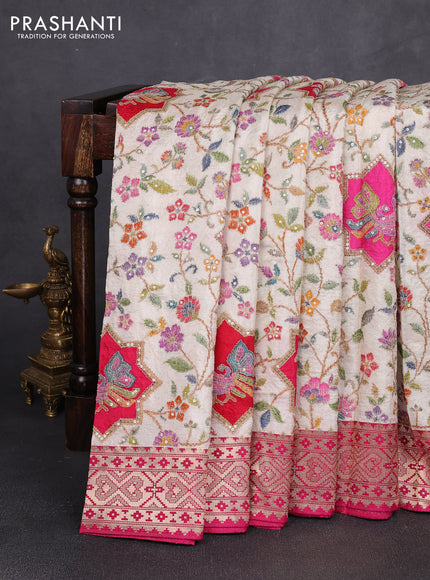 Crepe silk saree beige and pink with allover prints & pita embroidery work and zari woven border