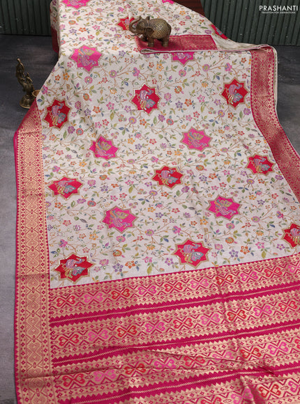 Crepe silk saree sandal and pink with allover prints & pita embroidery work and zari woven border