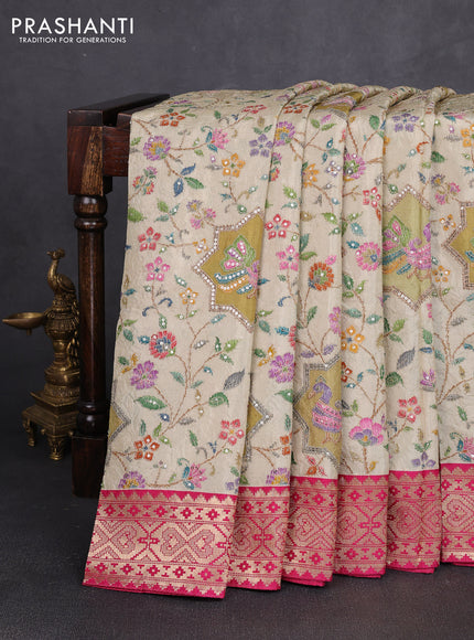 Crepe silk saree beige and pink with allover prints & pita embroidery work and zari woven border