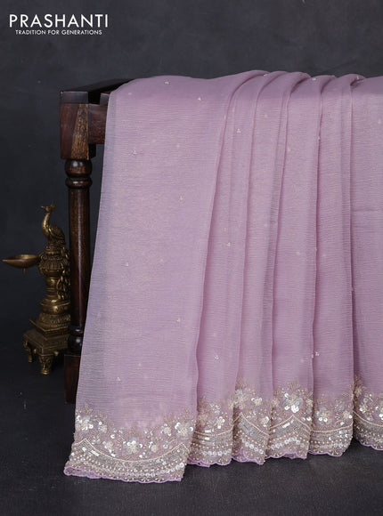 Crush tissue saree mild lavender with sequin embroidery buttas and floral sequin embroidery pallu & border