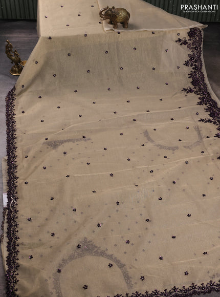 Crush tissue saree beige with sequin embroidery buttas and sequin embroidery pallu & border