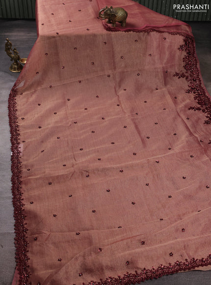 Crush tissue saree dark peach with sequin embroidery buttas and sequin embroidery pallu & border
