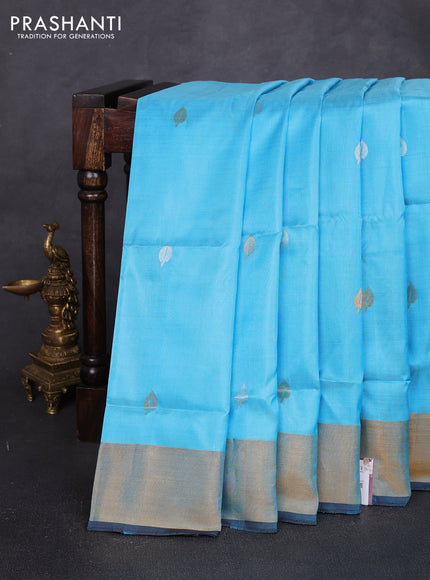 Pure uppada silk saree light blue and coffee brown with allover silver & zari woven buttas and jamdhani weaving pallu