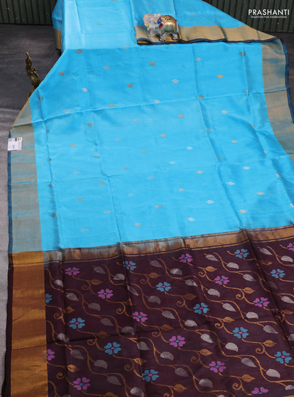 Pure uppada silk saree light blue and coffee brown with allover silver & zari woven buttas and jamdhani weaving pallu